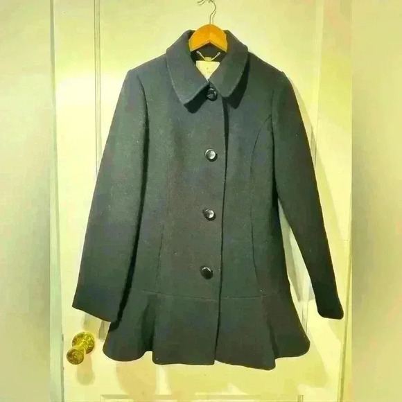 Kate Spade Black Wool Blend Peplum Pea Coat Jacket - Picture 1 of 11